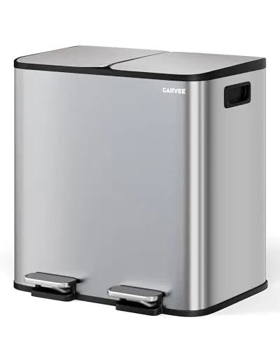 GarveeHome Mülleimer 2 Fächer 30 L, Mülltrennsystem mit 2 x 15 L Deckel aus Edelstahl, Treteimer Küche mit Softclose und Fußpedal, Abfalleimer mit herausnehmbarem Inneneimer für Küche, Edelstahlfarbe