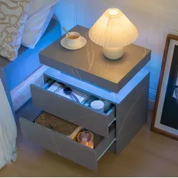 Nachttisch Modern Aus Holzwerkstoff In Grau-gold Mit Mehrfarbigem Led-licht, 2 Schubladen Und Offenem Fach