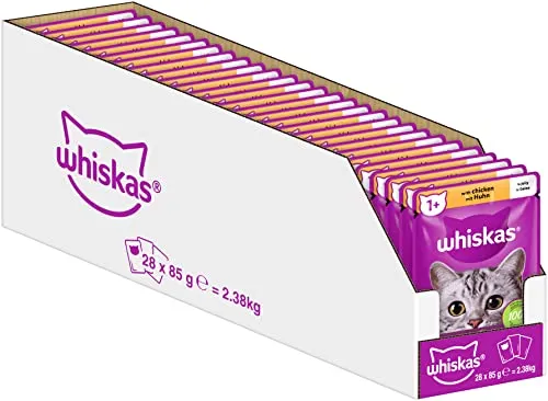 Whiskas 1+ Katzenfutter Hühnchen in Gelee, 28x85g (1 Packung) – Hochwertiges Nassfutter für ausgewachsene Katzen in 28 Portionsbeuteln
