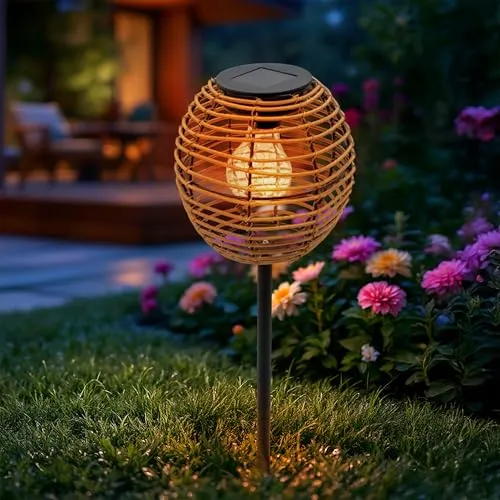 Solar Beetstecker Kugel in Rattan Optik mit LED Glühbirne
