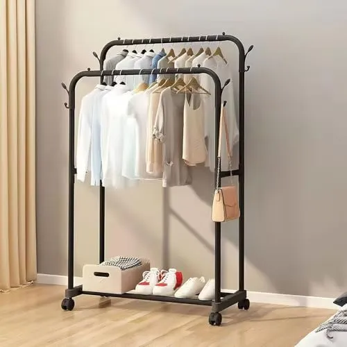 Kleiderständer auf Rollen, Doppelruten Garderobenständer, Kleiderstange Stabil, Freistehender Kleiderbügel mit schuhablage Klamottenständer für Schlafzimmer Wohnzimmer,80 x 42 x 148 cm, Schwarz