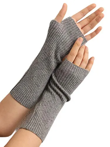 Prettystern Damen mid-lange Kaschmir-Wolle Pulswärmer Arm-Stulpen fingerlose Ripp gestrickt Handschuhe Grau