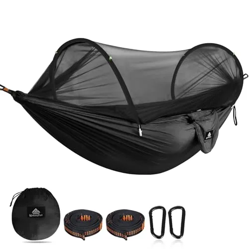 NATUREFUN Ultra-Light Reisecamping Hängematte Moskitonetz Hängematte | 300 kg Tragkraft, atmungsaktiv Schnelltrocknendes Fallschirm-Nylon | 2 Premium Karabiner, 2 Nylonschlingen inklusive Schwarz