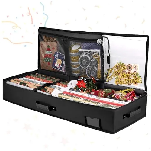 Geschenkpapier Aufbewahrung,95 * 35 * 16cm Geschenkpapier Organizer,Wasserdichtes 600D Oxford Gewebe Aufbewahrung Organizer,Aufbewahrung Geschenkpapierrollen mit 3 Fächern,Mobile Trennwand (schwarz)