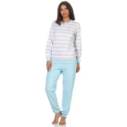 Damen Frottee Schlafanzug mit Bündchen - Hellblau, 48/50 - Kuscheliger Damen Frottee Pyjama in edler Streifenoptik, ideal für kalte Nächte. Mit praktischen Bündchen für perfekten Sitz und hohen Tragekomfort. 60 Grad waschbar, schadstoffgeprüft.