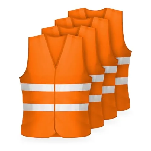 FLEXEO Warnwesten nach EN ISO 20471 - Auto - KFZ - Sicherheitsweste - Warnschutzweste - Warnweste - high Visibility Vest - Erwachsene - Sicherheits Set - EU Norm (4 Stück, Orange)