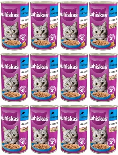Whiskas Katzenfutter Nassfutter Adult 1+ mit Thunfisch in Gelee, 12 Dosen (12 x 400g)