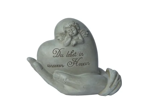 Grabschmuck Herz in Hand mit Engel Grabdeko Gedenkstein Grab Deko Figur Skulptur