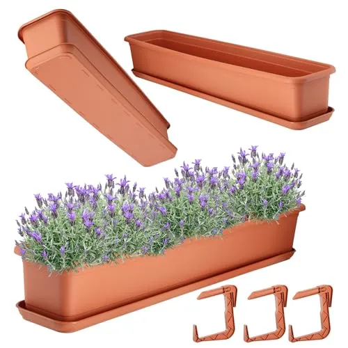 KADAX Blumenkasten 80 cm mit Untersatz und Halterung, Terracotta – Balkonkasten aus Kunststoff, Pflanzkasten für Innen- und Außenbereiche, Blumentopf für Balkon