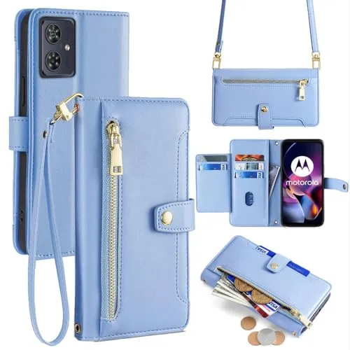 betterfon Hülle Kompatibel mit Motorola Moto G54 | Leder Handyhülle Praktische Handykette Kartenfächer Brieftasche Umhängetasche Kompatibel für Moto G54 | Hellblau