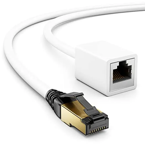 deleyCON 1m CAT8.1 RJ45 Verlängerung Patchkabel Netzwerkkabel 40 GBit/s 2000 MHz S/FTP Kupfer PiMF 1x RJ45 Stecker 1x RJ45 Buchse für Ethernet LAN Gaming Streaming - Weiß