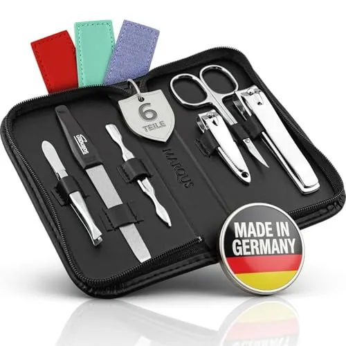 Solingen Deutschland Maniküre Set 6-teilig für Männer & Frauen - Nagelpflegeinstrumente-Set aus hochwertigem Stahl, ideal für perfekte Nägel. Enthält Nagel Buffer, Nagelfeile, Nagelhautschere, Nagelknipser und Pinzette. Hergestellt in Deutschland.