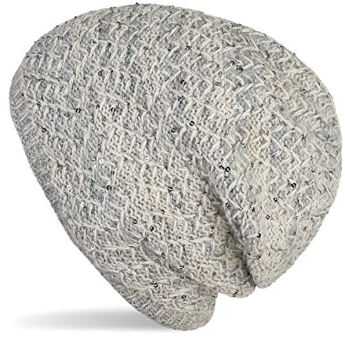 styleBREAKER Damen Strick Beanie Mütze mit Pailletten und Thermo-Fleece Futter, Winter Slouch Beanie 04024168, Farbe:Hellgrau