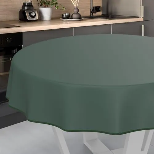 Wachstuch-Tischdecke Tischdecke abwaschbar Wachstuch Garten-Tischdecke Outdoor Indoor Rund 120cm mit Saum Tannengrün