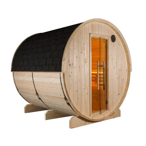 Harvia Kuusi 220 Panorama Fasssauna aus Fichte – Gartensauna Ø220x220cm - Erleben Sie entspannende Momente in der Harvia Kuusi 220 Panorama Fasssauna. Ideal für den Garten, bietet sie Platz für gesellige Stunden und hat eine hochwertige Verarbeitung aus Fichte.