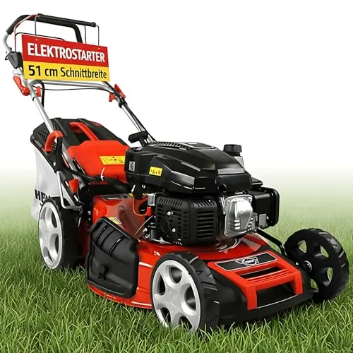 HECHT 5-IN-1 Benzin Rasenmäher – leistungsstarker 4 Takt Motor 4,0 kW (5,5 PS) – Elektrostart – 51 cm Schnittbreite – 65 l Fangkorb – Radantrieb – patentierte Räder – Mulchmäher Rasenmäher