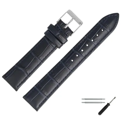 MARBURGER Uhrenarmband 22mm Leder Blau Silber Alligator Prägung Mit Naht - Montage Set 2772251000120