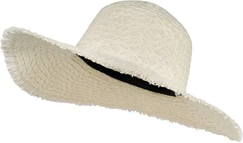 styleBREAKER Damen Strohhut Papierstroh mit luftigem Flechtmuster, breite ausgefranste Krempe, Sonnenhut, Schlapphut 04025033, Farbe:Creme