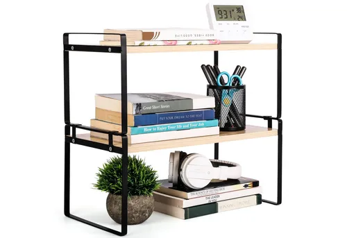 BELLE VOUS Küchenregal aus Holz - 2-stufiges stapelbares Regal für Küche und Büro - Büro-Bücherregale: Praktisches 2-stufiges Regal aus robustem Holz mit Metallrahmen, ideal zur platzsparenden Organisation von Büromaterialien und persönlichen Gegenständen.