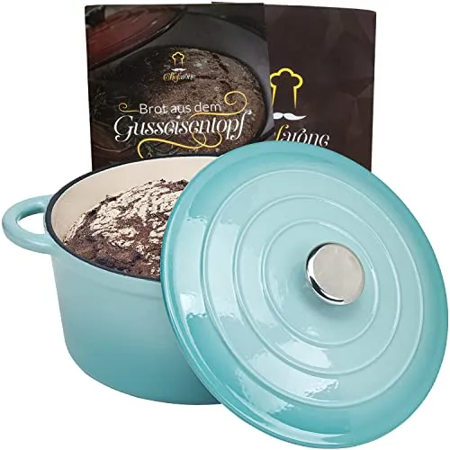 Chefarone Gusseisen Topf 24 cm, 3,5 L – Schmortopf emailliert mit Deckel für Brot backen, Schmoren & Braten – Brotbacktopf Induktion