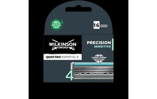 Wilkinson Quattro Essential 4 Precision Sensitive Rasierklingen, 16-tlg. - Rasierklingen mit langlebiger Titanium-Diamant-Beschichtung für eine extrem scharfe Rasur. Angereichert mit Jojoba-Öl und Aloe Vera für sanften Hautkontakt und weniger Irritationen.
