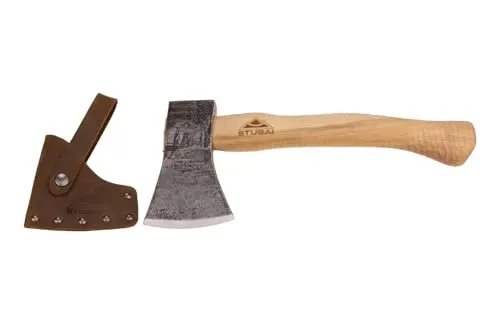 STUBAI Campingbeil „Habicht“ 1.100 g – Handgeschmiedet aus Kohlenstoffstahl, 340 mm Gesamtlänge, geölter Hickorystiel, inkl. Lederscheide – Für Outdoor, Bushcraft, Survival, Trekking