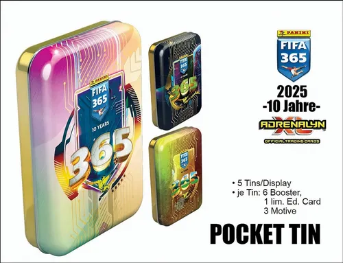 Panini Sammelkarte 2025 FIFA 365 Adrenalyn XL TC Mini-Tin DE - Sammelkarten Set mit 5 Flow Packs & 1 Limited Edition Card. Entdecken Sie 441 Karten, 19 Clubs und exklusive Jubiläums-Editionen!