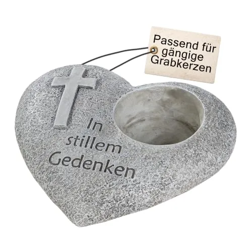 GILDE Herz Grabschmuck wetterfest Kerzenhalter für Grabkerzen Grablicht | Grabdekoration 18 x 16,5 cm Steinherzen Grabdeko – Kerzenhalter für Grab Gedenkstein Friedhof Deko Kunstharz Grau