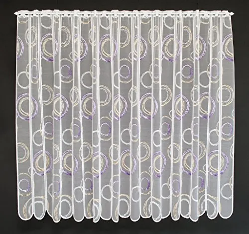 Scheibengardinen Höhe Variabel Scheibengardine Kringel 150 cm hoch weiß mit lila/orange - Wunschbreite frei wählbar durch gekaufte Menge in 11 cm Schritten - Meterware