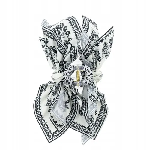 XXL Haarspange Damen mit Schleife & Bandana-Muster – Große Haarklammer für dickes Haar – Vintage Haarclip in Schwarz-Weiß – Elegante Haaraccessoires für Frauen & Mädchen – Retro Look