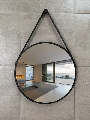 Talos Black Style runder Badspiegel Ø 50 cm - Badezimmer Wandspiegel mit hochwertigem Aluminiumrahmen in matt schwarz und Lederoptik-Band, ideal für modernes Ambiente und einfache Montage.