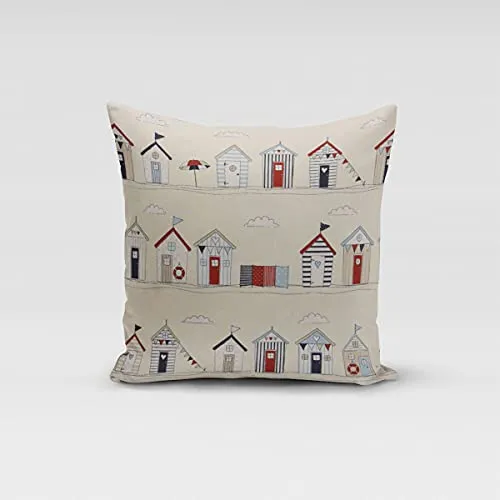 SCHÖNER LEBEN. Kissenhülle Maritim Strandhäuschen Ecru blau rot, Größe:40x40cm (HxB)