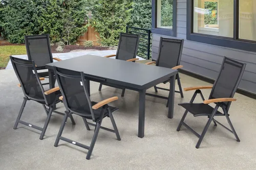 OUTFLEXX Premium Garten-Essgruppe, OUTFLEXX® anthrazit matt, Alu / Glas / Teak, Tisch 180/240x100cm, 6 Klappstühle