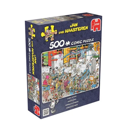 JUMBO 19025 Jan van Haasteren - Süßigkeitenfabrik 500 Teile Puzzle, detailreiche und humorvolle Illustrationen mit versteckten Elementen