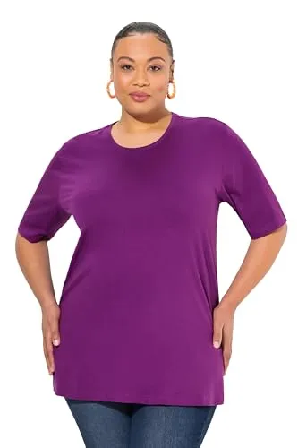 Ulla Popken Damen große Größen bis 72, Basic T-Shirt, Oberteil, Regular Fit, Rundhalsausschnitt, Halbarm, Dunkles violett 54+ 486910835-54+