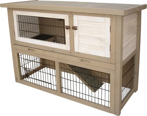 Duvo+ Kaninchenstall Woodland Baumwolle Cottage - Kleintier-Ställe mit 2 Ebenen, ideal für Kaninchen. Robuste Bauweise, geräumiger Auslauf und praktische Schubverriegelung für Sicherheit und Komfort.