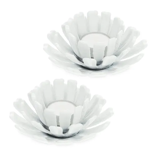 Relaxdays Teelichthalter, 2er Set, Blumenform, Teelichtständer Gusseisen, drinnen & draußen, HxD: 6 x 13,5 cm, weiß