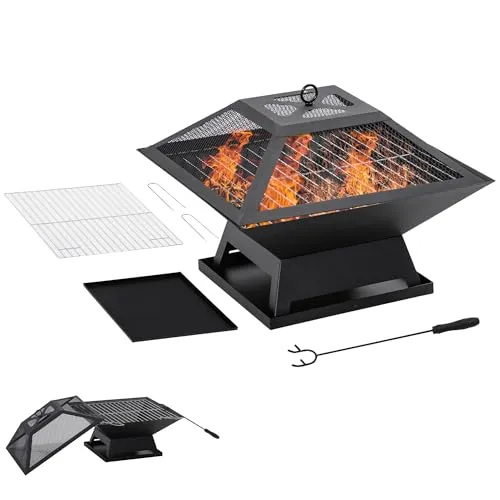 Outsunny Feuerschale - Schwarz - 45x45x12 cm - Grills - Vielseitige Feuerstelle aus lackiertem Stahl, ideal zum Heizen und Grillen, mit Schürhaken für zusätzlichen Schutz.