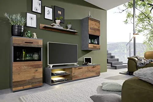 trendteam smart living Mango Wohnwand - Modernes Wohnzimmermöbel Set - Stilvolles Wohnwand-Set mit Standvitrine, TV-Lowboard, Hängevitrine und Wandboard, FSC-zertifiziert, pflegeleicht und ideal kombinierbar für ein modernes Wohnambiente.