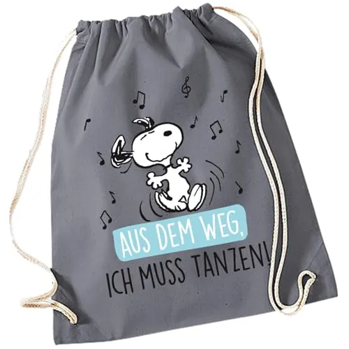The Peanuts Turnbeutel Snoopy – Aus dem Weg, ich muss tanzen! Sportbeutel Rucksack mit Kordelzug Grau