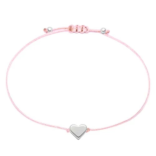 Selfmade Jewelry Armband Damen Herz Silber Handmade Makramee Armbändchen mit Herzchen Größenverstellbar Inkl. Geschenk-Verpackung (Silber - Rosa)