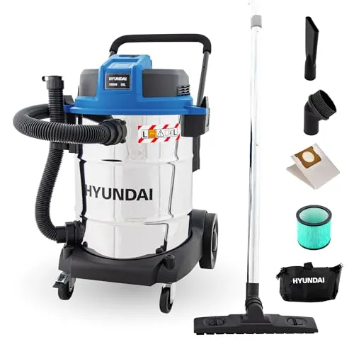 Hyundai Nass- / Trockensauger VCWD1650E - 1600 W, 50l Edelstahl Tank - Vielseitiger Nass- & Trockensauger mit 1600 W und 50l Edelstahltank. Ideal für die einfache Handhabung von Flüssigkeiten und Schmutz, ausgestattet mit HEPA-13-Filter für beste Filtration.