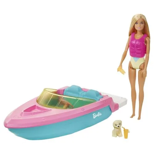 Barbie Speedboat Set mit Barbiepuppe und Welpe - Puppen Set mit Barbiepuppe, Boot und Hündchen, ideal für kreative Spielstunden ab 3 Jahren. Das Boot schwimmt und bietet Platz für 3 Puppen, perfekt für Abenteuer auf See!