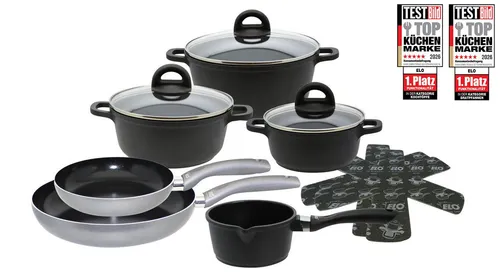 Elo Topf-Set Black, Ducato, Aluminiumguss (Set, 11-tlg., 3 Töpfe mit Deckel, 1 Stielkasserolle, 2 Bratpfannen, 2 Stapelschutz), mit hochwertiger Antihaftversiegelung, Induktion