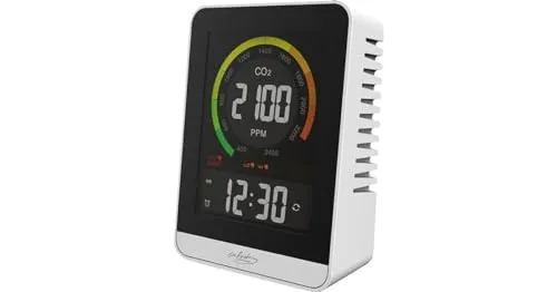 infactory Co2-Messgerät Raumluft: Digitales CO2-Messgerät mit Temperatur, Luftfeuchtigkeit, Uhr & Wecker (Luftgütesensor, ppm-Messgerät Co2, Digitale Wanduhr)