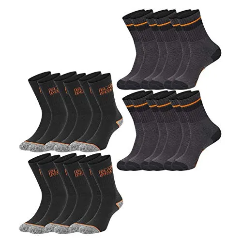 BLACK+DECKER Unisex Herren Damen Arbeitssocken Essential Work Crew Socken 12er Pack Schwarz Grau Melange Baumwolle, Größe:47-49, Farbauswahl:6 Paar Black & 6 Paar Black/Grey