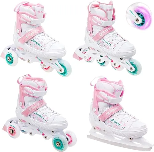 RAVEN 4in1 Inline Skates Triskates Rollschuhe Schlittschuhe Inliner für Kinder Mädchen verstellbar (ROSI, 35-39 (23m-25,5cm))