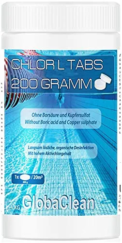 GlobaClean Chlor Langzeittabletten 200g - Langsam löslich - 1kg - Langzeitdesinfektion für Pools ab 20.000 l - Sehr hoher Aktivchlorgehalt