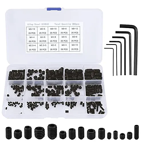 QIMEI-SHOP Madenschrauben Sortiment M2.5 M3 M4 M5 M6 M8 Schrauben Gewindestift Set Legiertem Kohlenstoffstahl mit Inbusschlüssel Schwarz 300 Stück