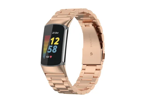 Wigento Smartwatch-Armband Für Fitbit Charge 6 / 5 Style Stahl Ersatz Armband Smart Uhr Pink